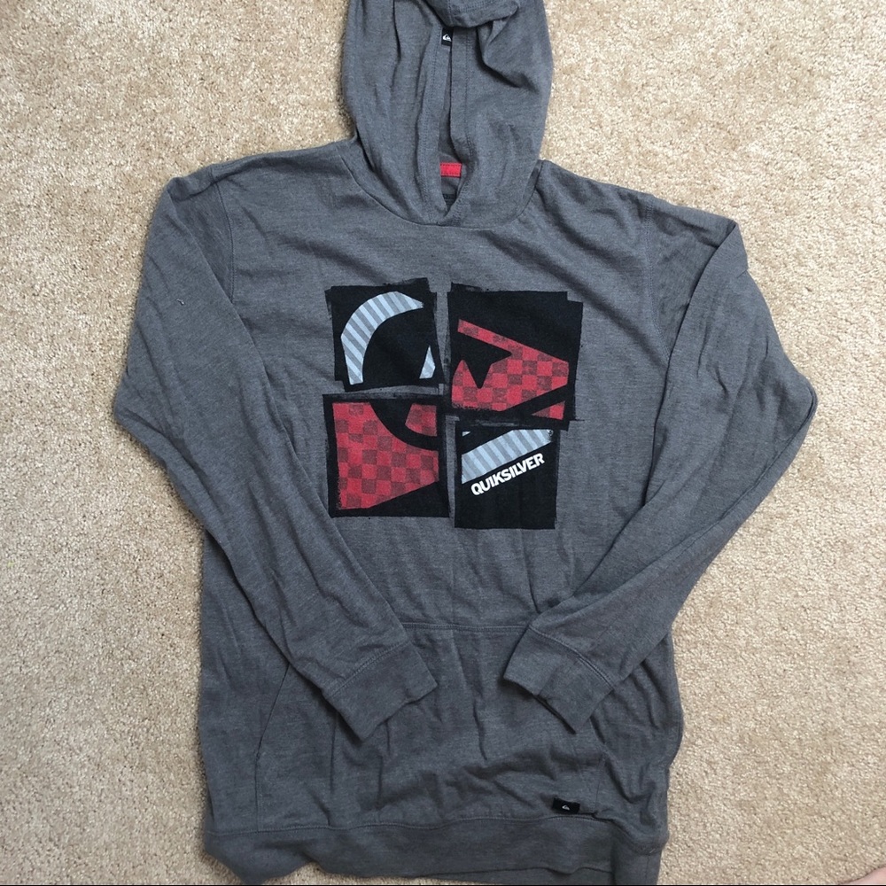 NWOT Gray Long Sleeve Quicksilver T-Shirt with hood & black, white, red logo. XL